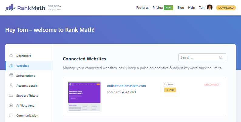 Rank math pro connected websites