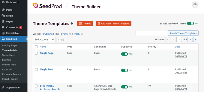 Templates in the SeedProd Theme Builder