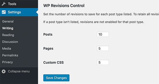 WP Revisions Control settings