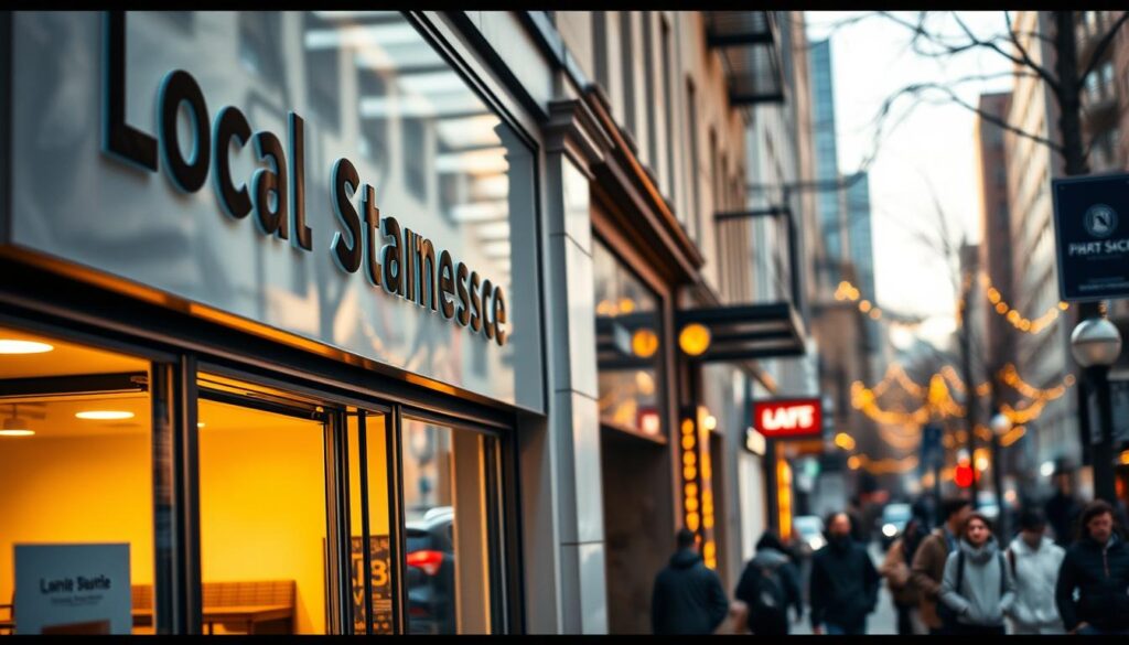 A bustling city street, with a local business sign prominently displayed on a storefront. The sign features clean typography and a simple, eye-catching design. The storefront is well-lit, with warm lighting spilling out onto the sidewalk. Pedestrians are visible in the background, creating a sense of activity and foot traffic. The scene is captured from a slightly elevated angle, giving a sense of depth and perspective. The overall atmosphere conveys a thriving, vibrant local community, highlighting the importance of local SEO for businesses seeking to capitalize on proximity-based search and foot traffic. A bustling city street, with a local business sign prominently displayed on a storefront. The sign features clean typography and a simple, eye-catching design. The storefront is well-lit, with warm lighting spilling out onto the sidewalk. Pedestrians are visible in the background, creating a sense of activity and foot traffic. The scene is captured from a slightly elevated angle, giving a sense of depth and perspective. The overall atmosphere conveys a thriving, vibrant local community, highlighting the importance of local SEO for businesses seeking to capitalize on proximity-based search and foot traffic.