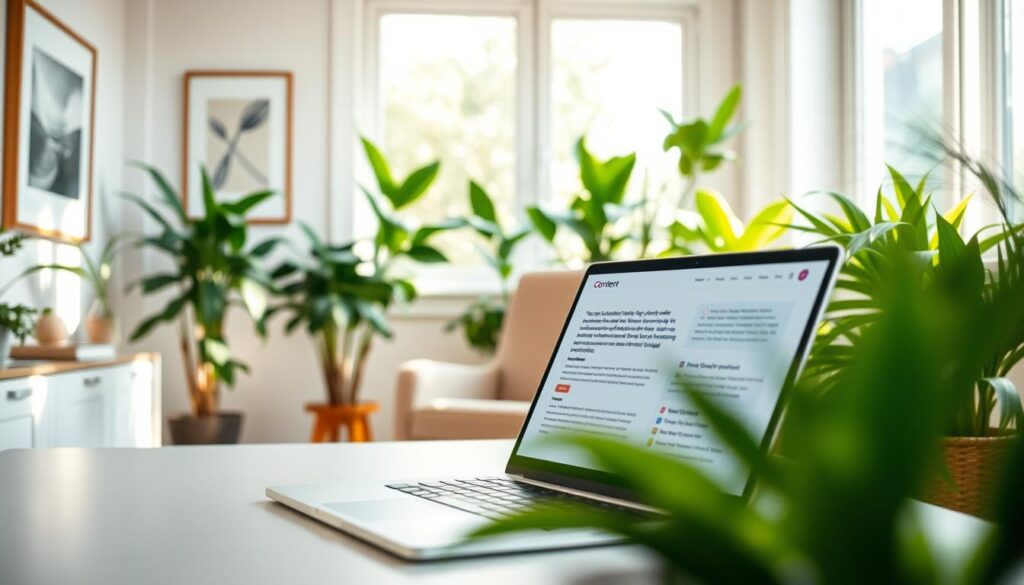 A serene, sun-drenched office space, its walls adorned with minimalist art and natural wood accents. In the foreground, a sleek laptop rests on a clean, clutter-free desk, its screen displaying a web page with optimized on-page content. The middle ground features a comfortable chair, inviting the viewer to sit and engage with the content. The background is filled with lush, verdant plants, creating a calming, productivity-enhancing atmosphere. Soft, diffused lighting casts a warm glow, while the camera's lens captures the scene with a shallow depth of field, drawing the eye to the central focus. This image conveys the essence of content and on-page optimization that search engines and users will find captivating and valuable. A serene, sun-drenched office space, its walls adorned with minimalist art and natural wood accents. In the foreground, a sleek laptop rests on a clean, clutter-free desk, its screen displaying a web page with optimized on-page content. The middle ground features a comfortable chair, inviting the viewer to sit and engage with the content. The background is filled with lush, verdant plants, creating a calming, productivity-enhancing atmosphere. Soft, diffused lighting casts a warm glow, while the camera's lens captures the scene with a shallow depth of field, drawing the eye to the central focus. This image conveys the essence of content and on-page optimization that search engines and users will find captivating and valuable.